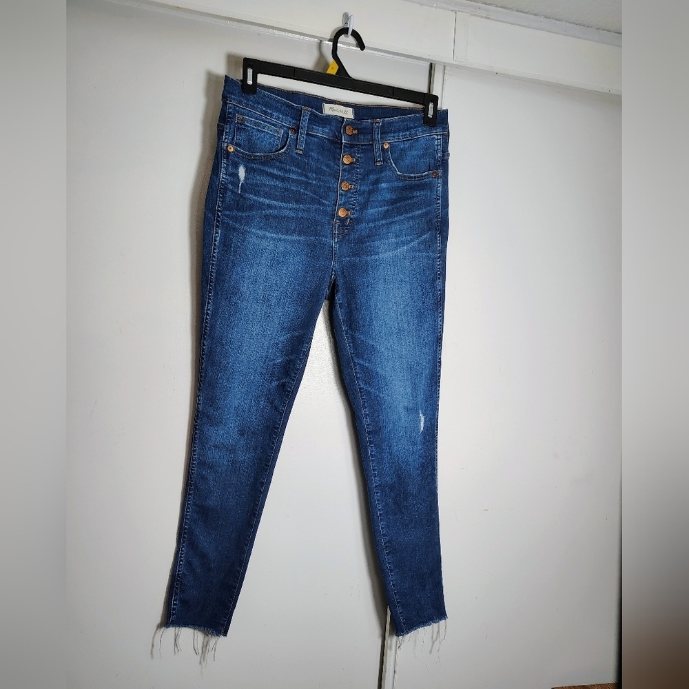 Madewell 10" high-rise exposed buttons fly frayed hem Jeans dark Blue sz 30/28. - Picture 2 of 16